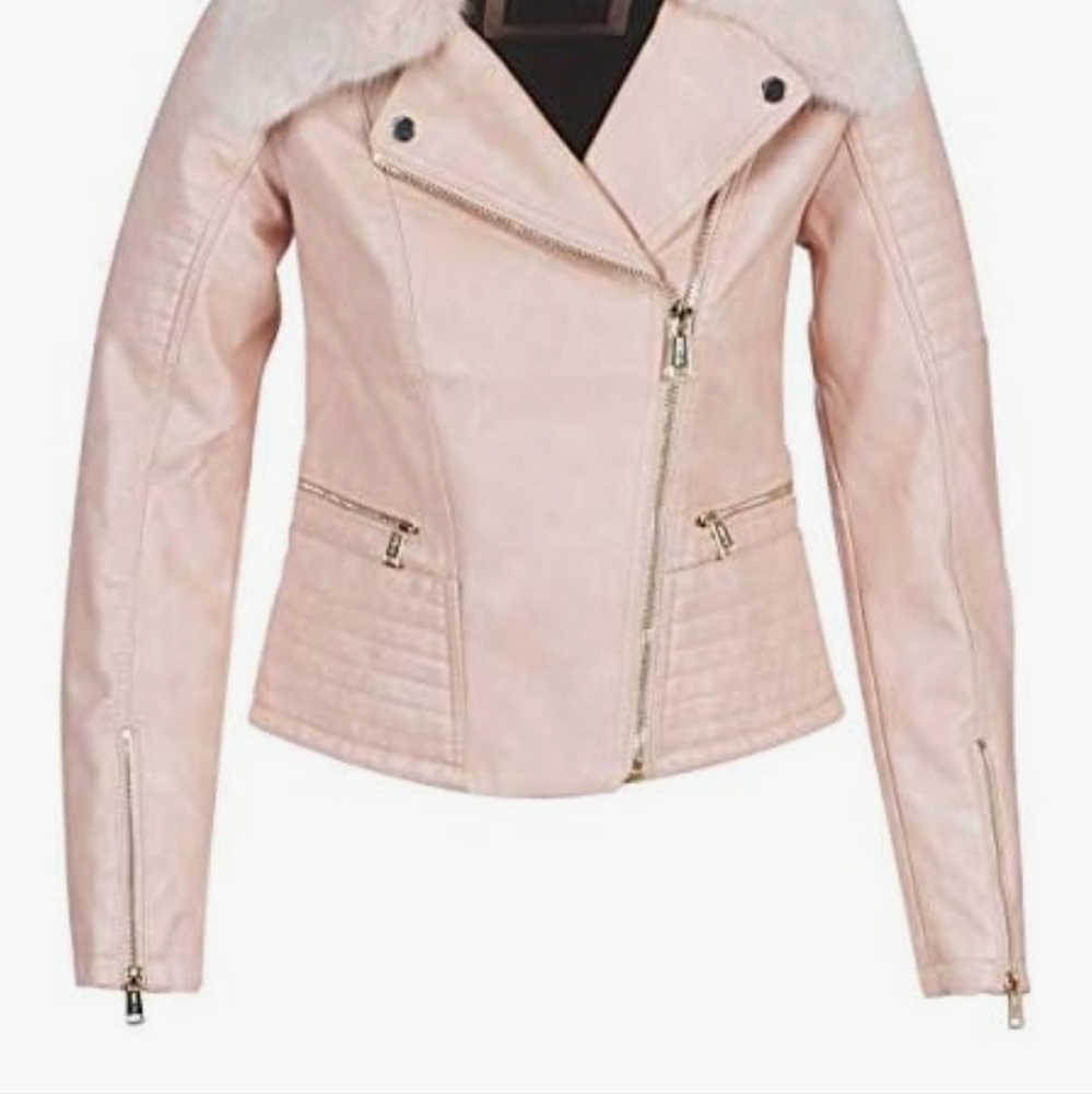 GUESS Women's Light Pink Faux Leather Jacket Faux Fur Removable Collar, XL NWOT